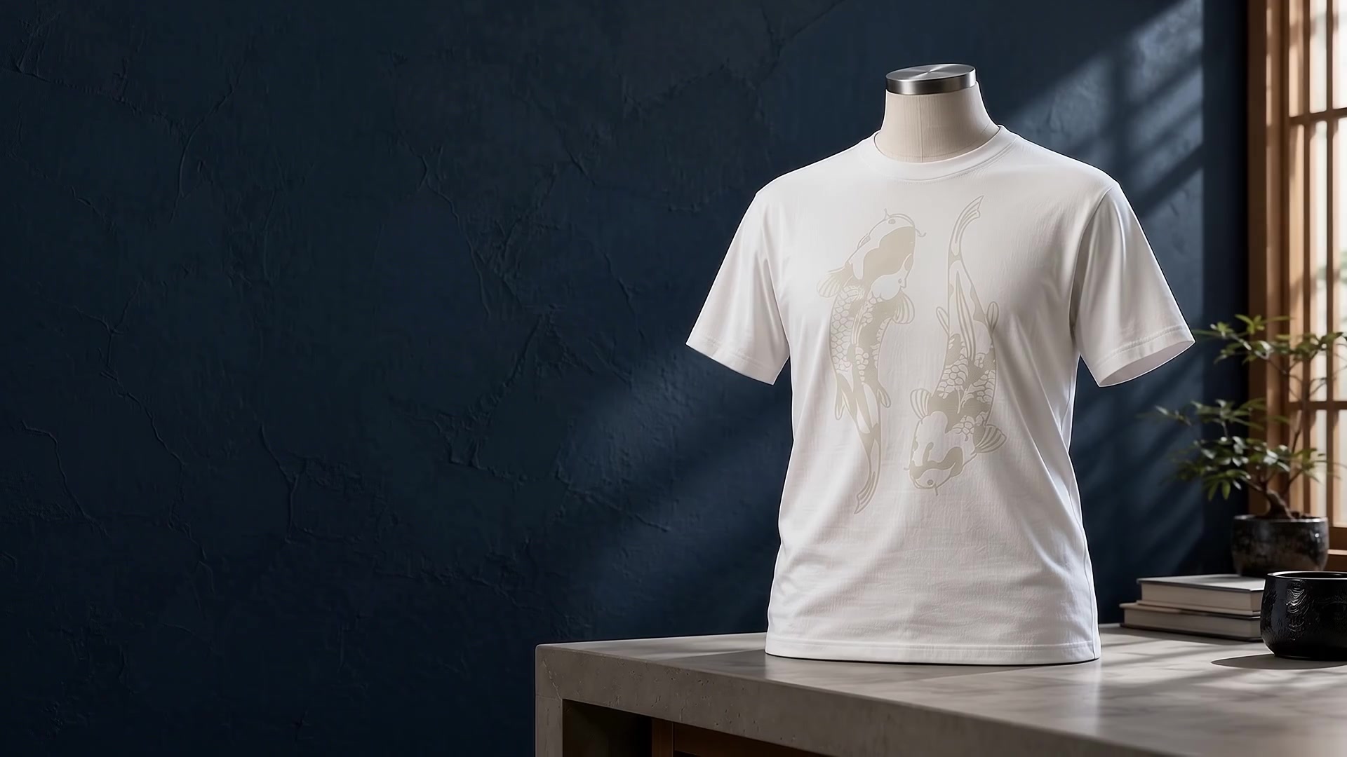 เสื้อสีขาวพิมพ์ลายปลาคาร์ปที่เรืองแสงสีเขียวในความมืด